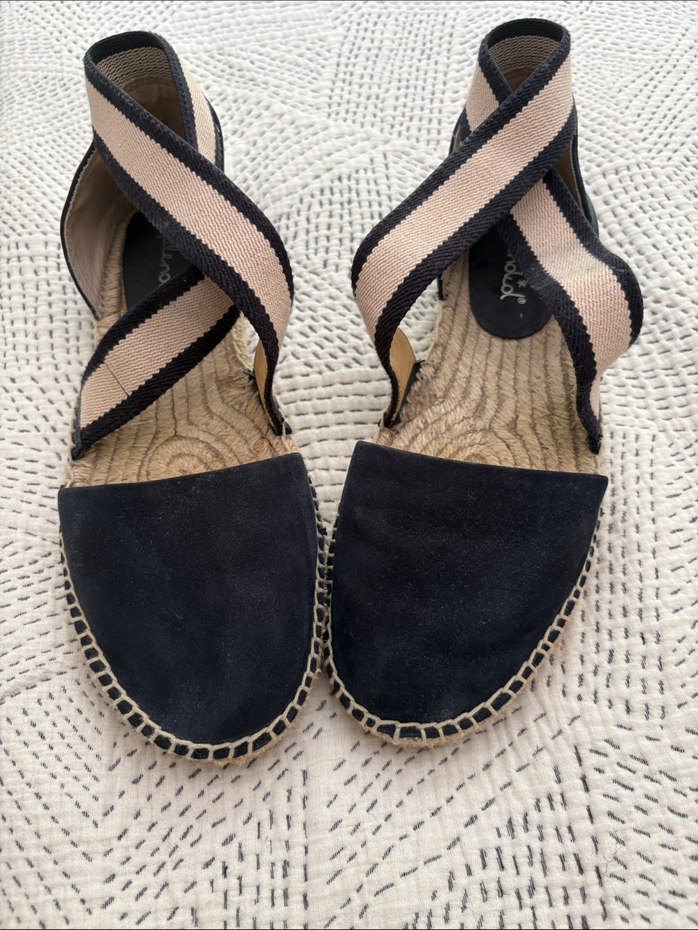 Splendid navy Espadrille Sandals with Beige and Black Striped Ankle Bands